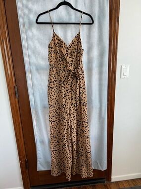 Women’s Tan Leopard Print Slip Jumpsuit with Tie Waist